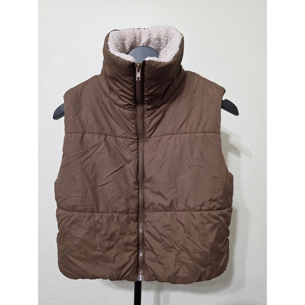 Brown Puffer Vest with Faux Shearling Lined High Collar Sleeveless Jacket Size M